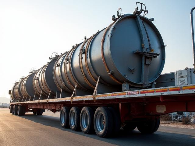 Specialized flatbed trailer loaded with industrial machinery
