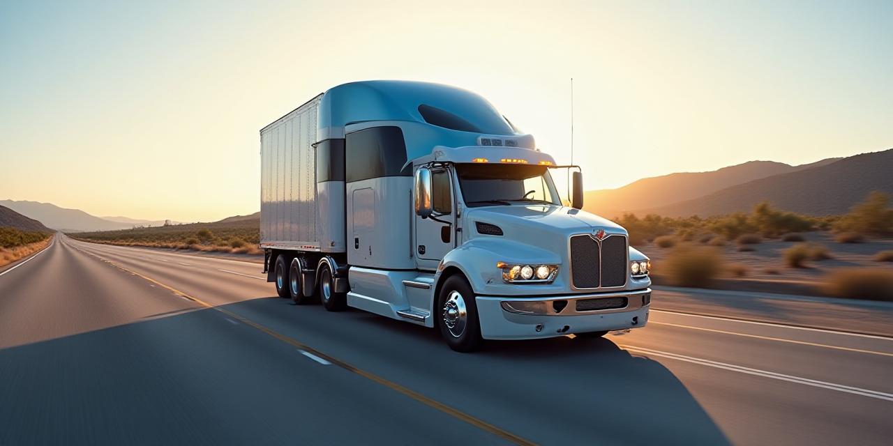 A modern Blue Icon transport truck traveling on a scenic open highway during golden hour