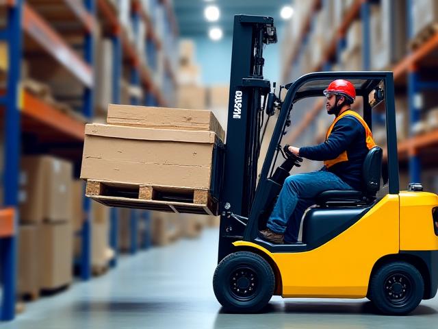 Professional forklift operator moving cargo safely